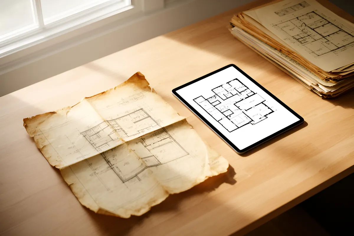 Alter Bauplan und digitalisierter CAD-Plan auf einem Tablet