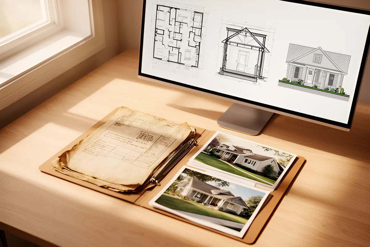 Aktenmappe mit alten Bauunterlagen und Hausfotos vor einem Monitor mit Grundriss, Schnitt und Ansicht