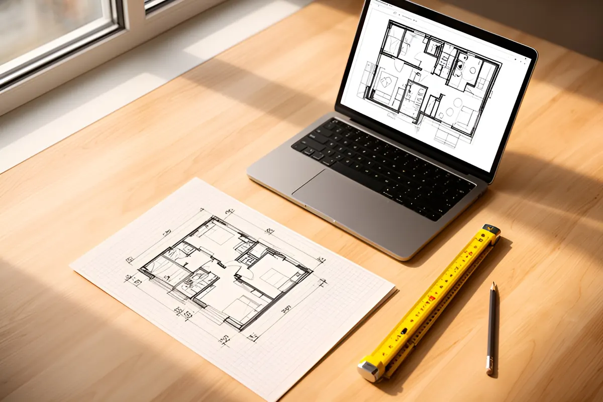 Handgezeichnete Grundrissskizze mit Maßen neben einem Laptop mit CAD-Grundriss, Zollstock und Bleistift